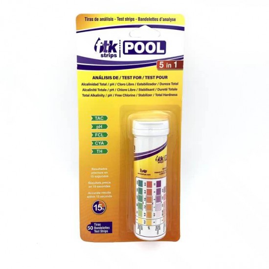 TESTER NA LISTIČE, 5 v 1, Alkalnost, pH, prosti klor, cianurna kislina, trdota vode-